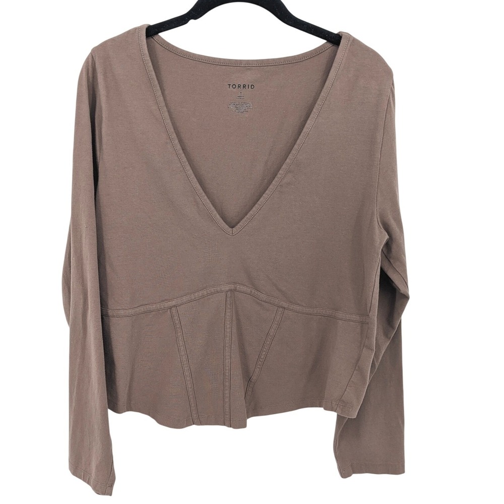 Torrid Long Sleeve Corset Top Womens Plus 1X Brown Cropped V Neck Casual Stretch